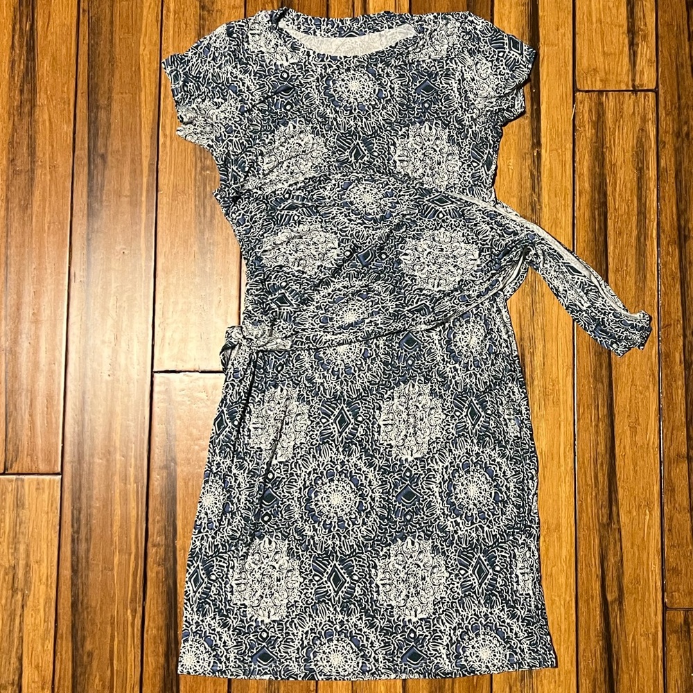 Latched Mama Side Knot Nursing Dress - Large, Blue and Green Mosaic